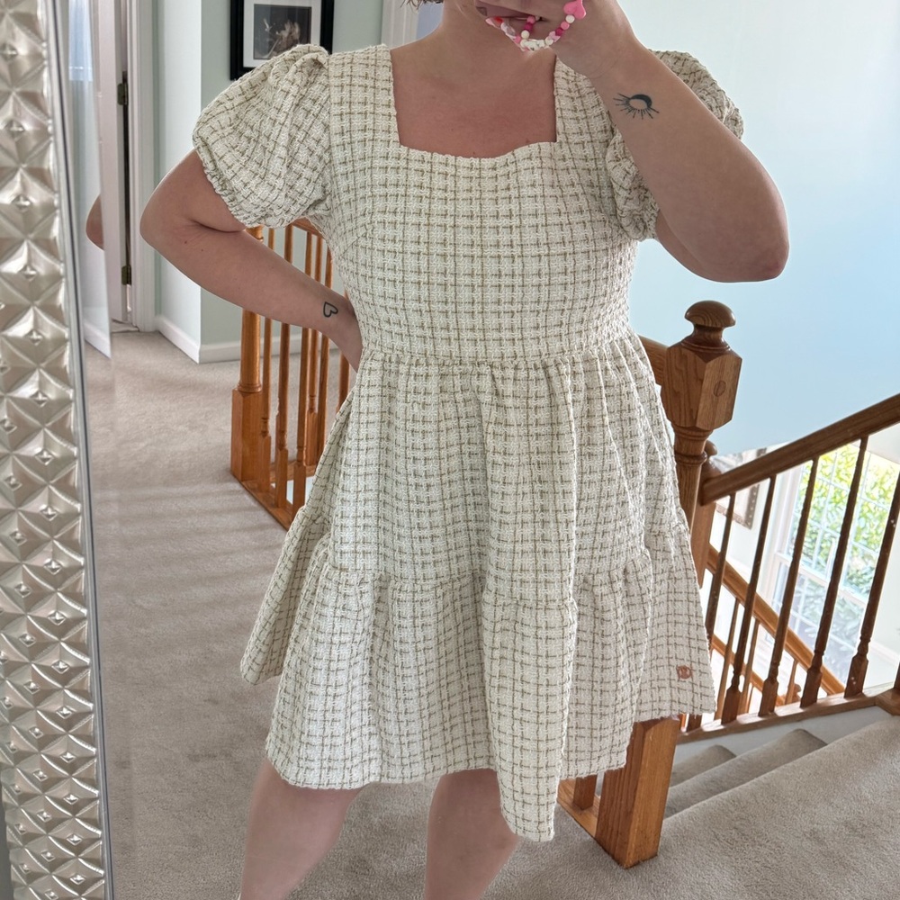 Elegant Cream Tweed Plaid Dress